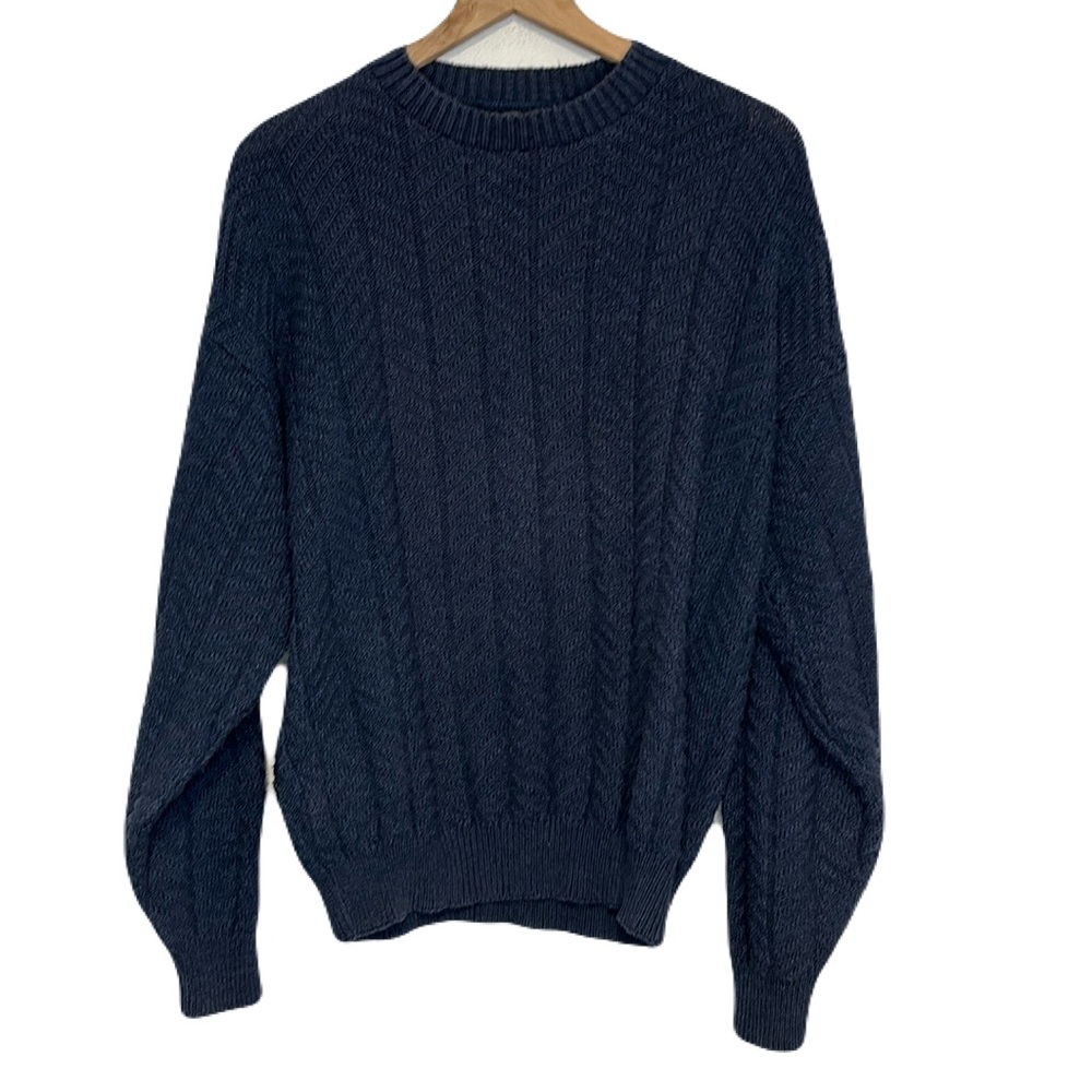 Vintage Large Alps Knit Crewneck Pullover Sweater Chevron Pattern Blue Grandpa